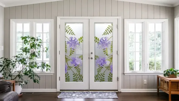 deco terrace door macfarlane (1) Decorative terrace doors, with inlaid vines and green items that showcase a custom style, created with the team at MacFarlane windows and doors.