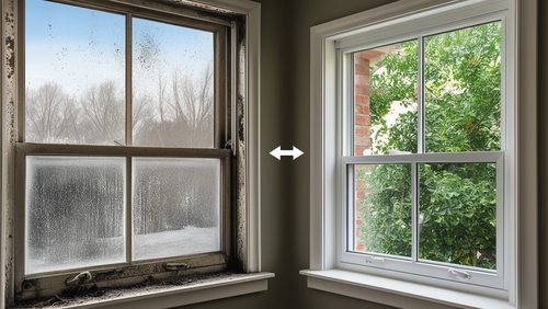 dirty and clean window Mac Before-and-after comparison of a window in need of spring maintenance from MacFarlane Windows and Doors, showcasing the difference between a winter-worn window and a freshly cleaned, well-maintained window ready for the warmer months.
