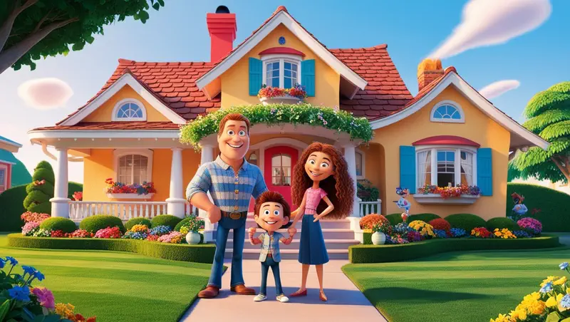 Cheerful family standing in front of a vibrant, well-maintained home with fresh flowers, highlighting the importance of spring maintenance from MacFarlane Windows and Doors to keep homes looking their best and energy efficient.