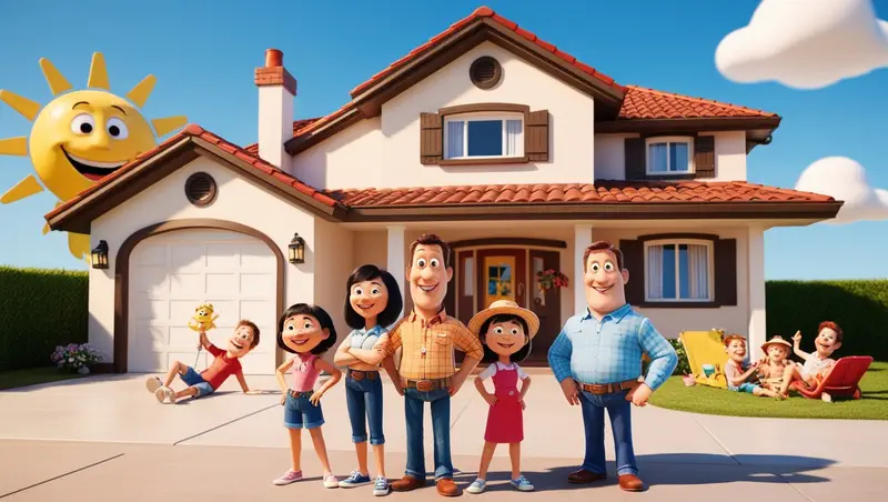 Happy family standing in front of a freshly maintained home, showcasing the results of spring maintenance from MacFarlane Windows and Doors, with a bright, clean exterior ready for the season.