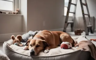 Keeping dogs calm during your window installation takes some planning - this dog ahs his bed and all his toys for company, a stress free time for him.