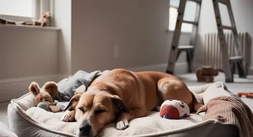 Keeping dogs calm during your window installation takes some planning - this dog ahs his bed and all his toys for company, a stress free time for him.
