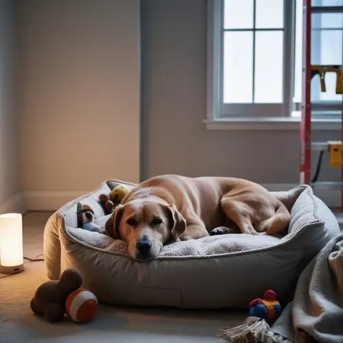 Keeping dogs calm during your window installation is easy - with all the right toys, blanket, and bed like this dog has. 