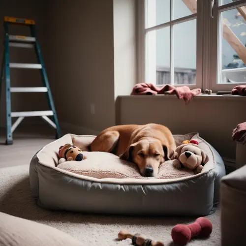Keeping dogs calm during a renovation, this dog has his favourite bed and some toys, while the crew is working away at installing new windows. 