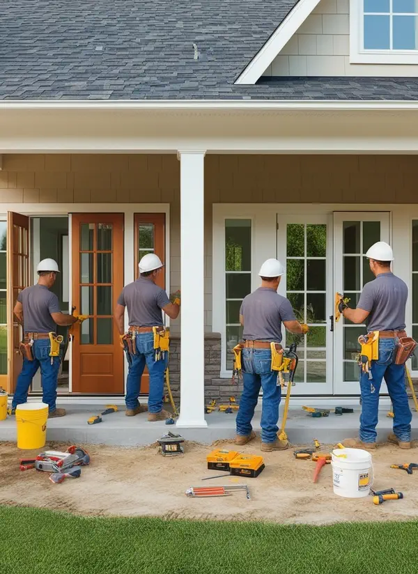 A group of workers from MacFarlane windows and doors installing both doors and windows in a home.