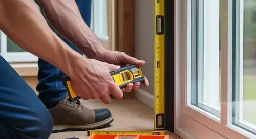 Professional window and door installer carefully measuring and installing a window, ensuring precise alignment and fit. This image highlights the importance of following expert window and door installer tips for a seamless and energy-efficient installation process.