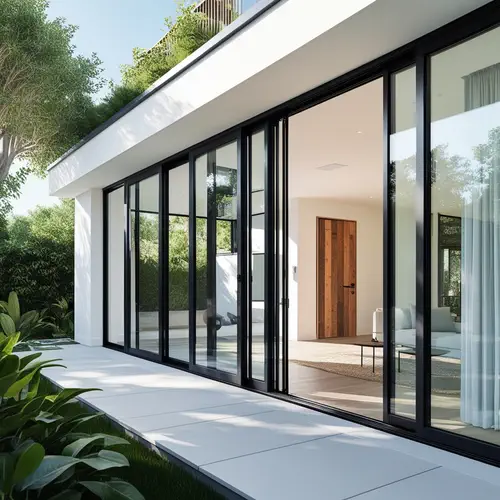 Modern windows and doors that span teh exterior of the house, with black trim, aluminum moulding, and a reclaimed wooden door, all showing trendy windows and doors for 2024 and beyond. 