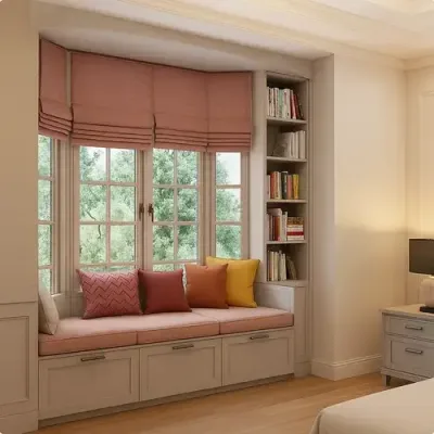 new bow window (1) Cozy reading nook with built-in bench seating and shelves, featuring a stylish bow window installed by MacFarlane Windows and Doors, blending comfort and craftsmanship.