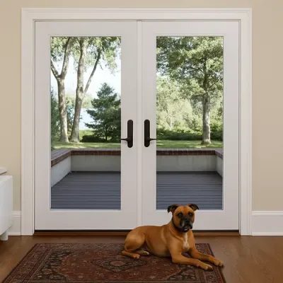 new patio door Boxer dog relaxing on a rug in front of a modern patio door installed by MacFarlane Windows and Doors, highlighting the natural light and outdoor access that come with patio doors.
